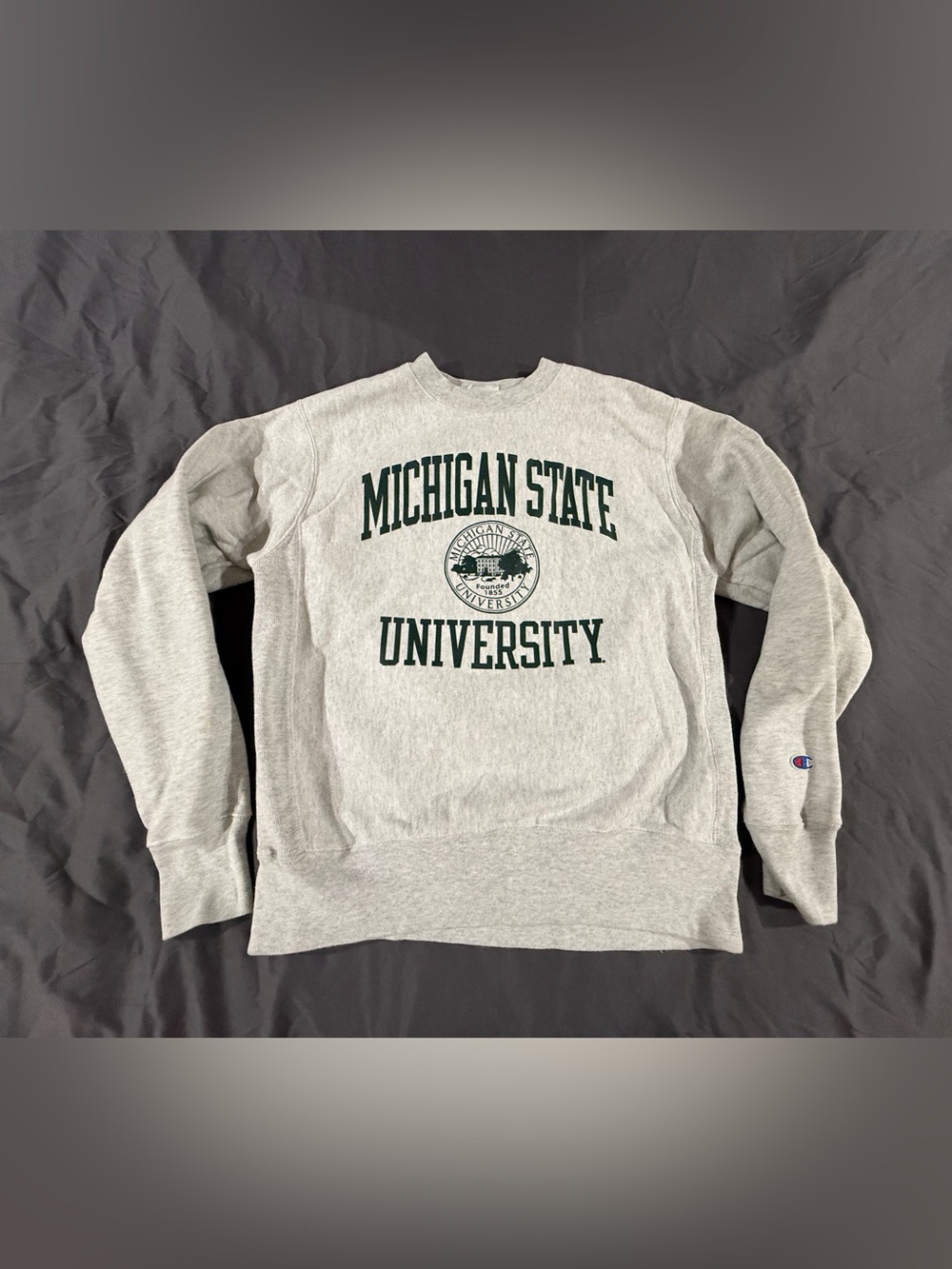 Champion Gray Crewneck Sweatshirt with Green Michigan State Logo